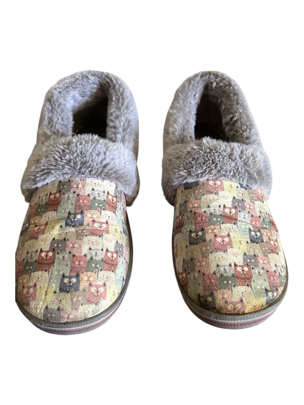 BOBS Size 8.5 Cat Print Plush Gray Faux-Fur Memory Foam Slip-On